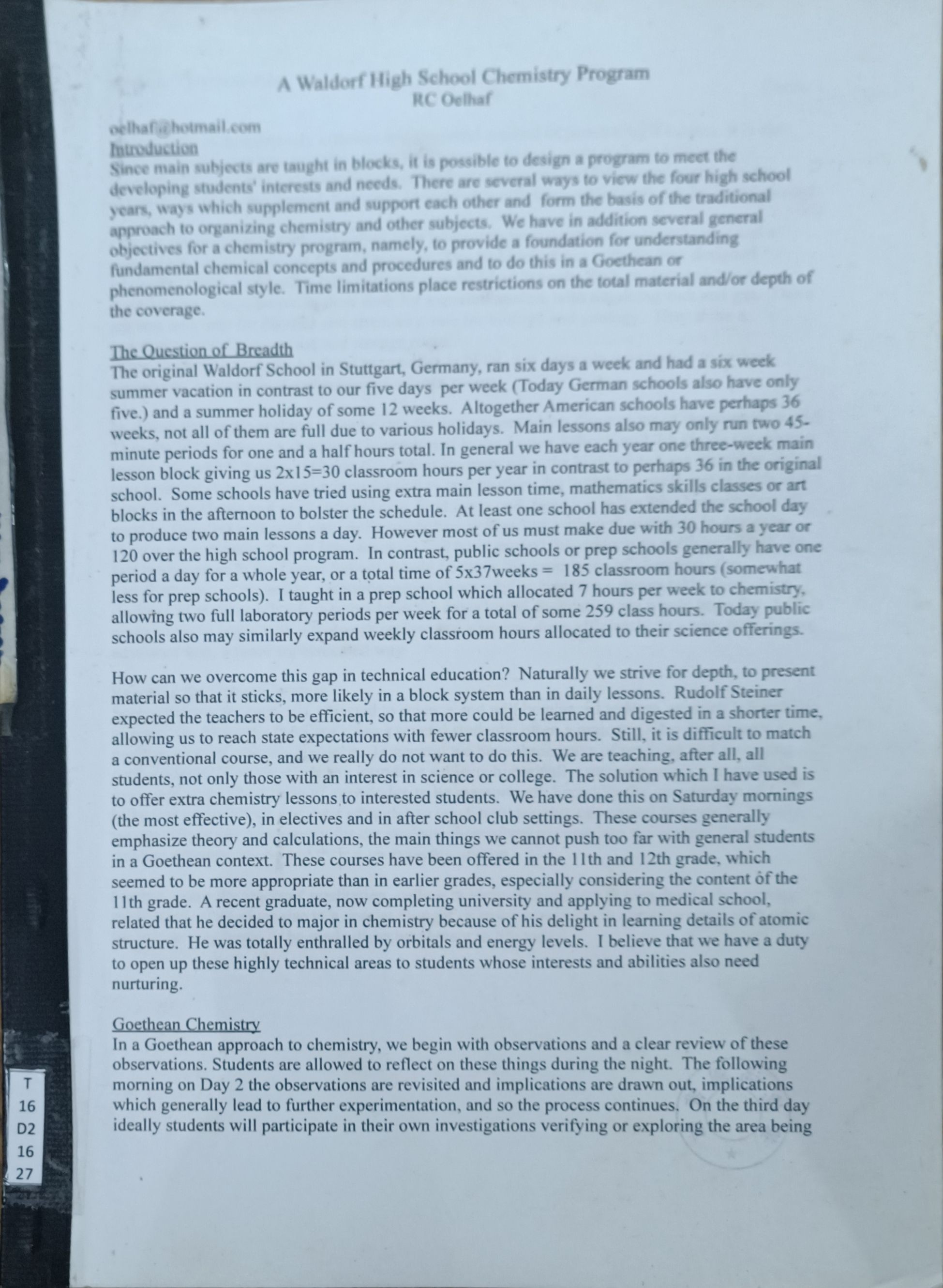 A Waldorf High School Chemistry Program 